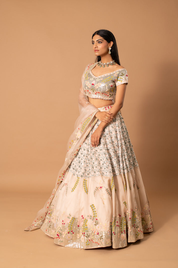 Zephyr Blush Pink Satin Organza Lehenga with Thread, Sequin & French Knot Embroidery
