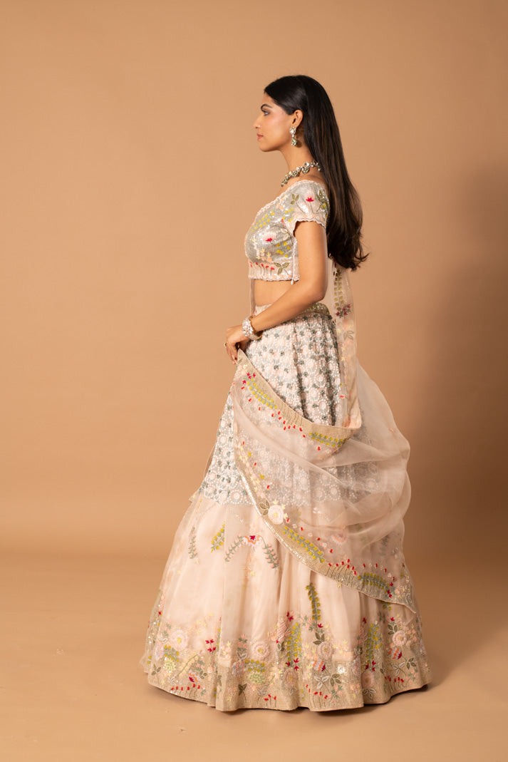 Zephyr Blush Pink Satin Organza Lehenga with Thread, Sequin & French Knot Embroidery