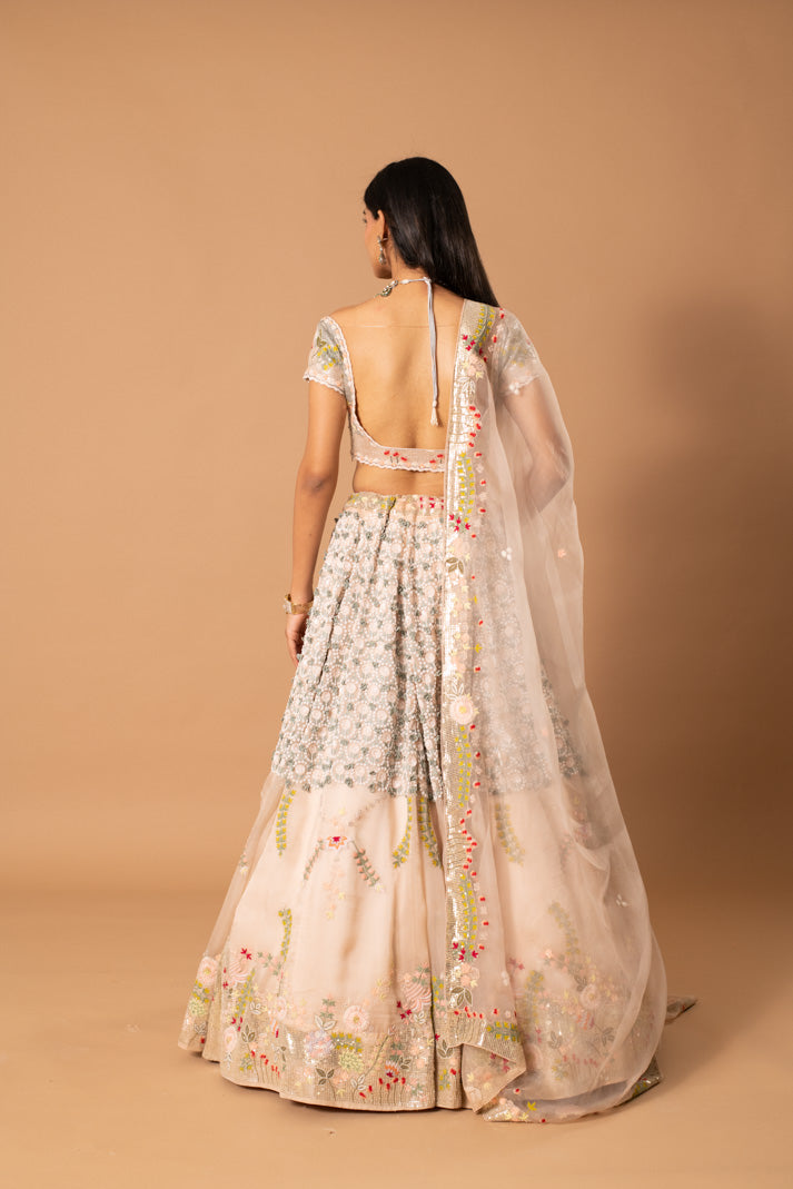 Zephyr Blush Pink Satin Organza Lehenga with Thread, Sequin & French Knot Embroidery