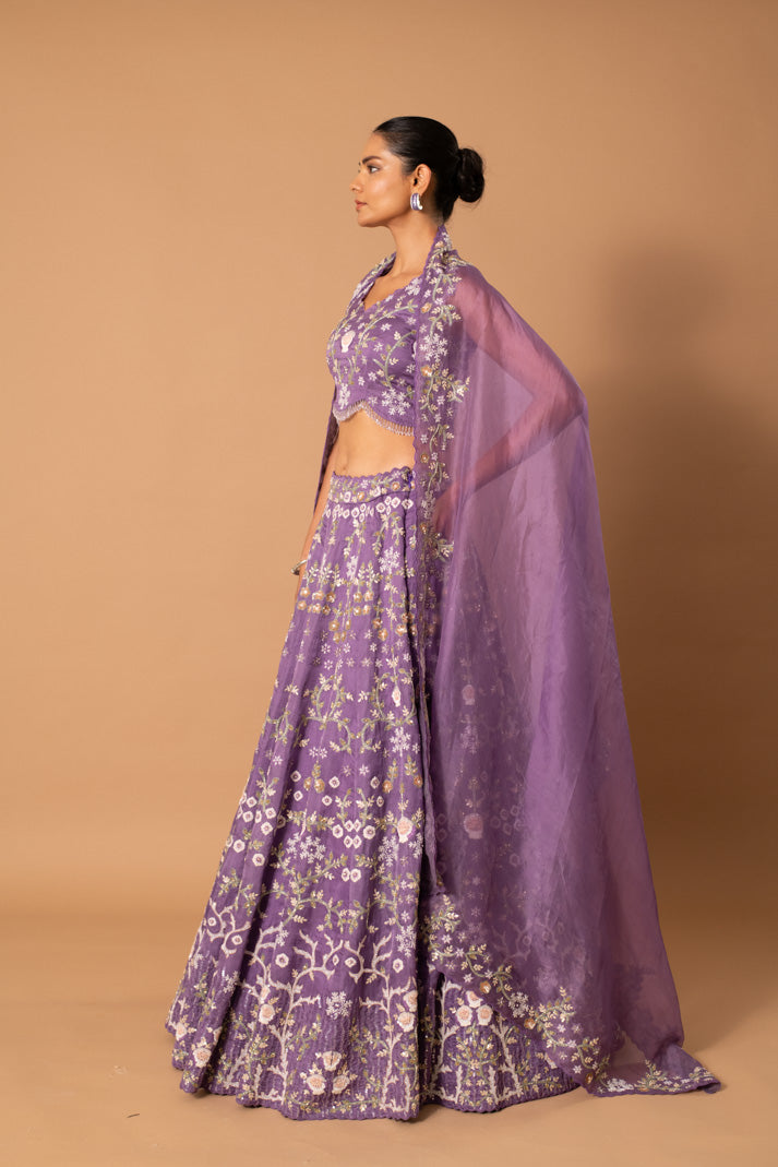 Elysian Lavender Satin Organza Bridal Lehenga with Cutdana, Sequins & Thread Work