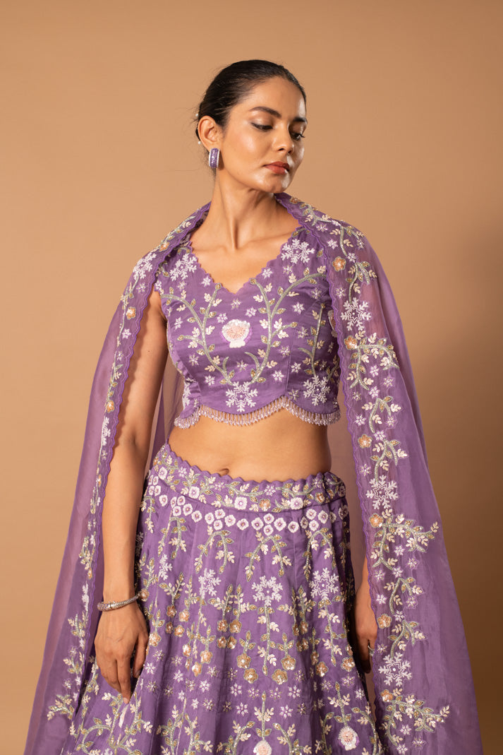 Elysian Lavender Satin Organza Bridal Lehenga with Cutdana, Sequins & Thread Work