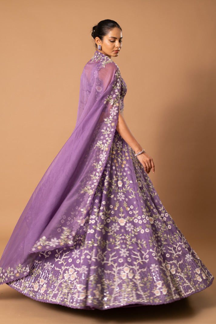 Elysian Lavender Satin Organza Bridal Lehenga with Cutdana, Sequins & Thread Work