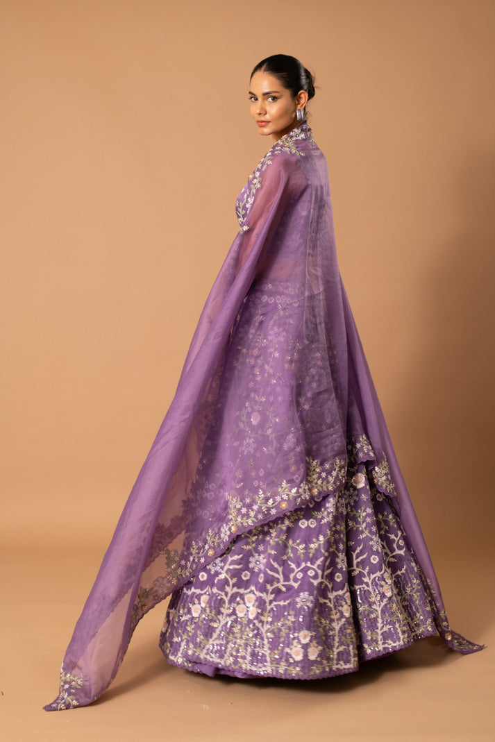 Elysian Lavender Satin Organza Bridal Lehenga with Cutdana, Sequins & Thread Work
