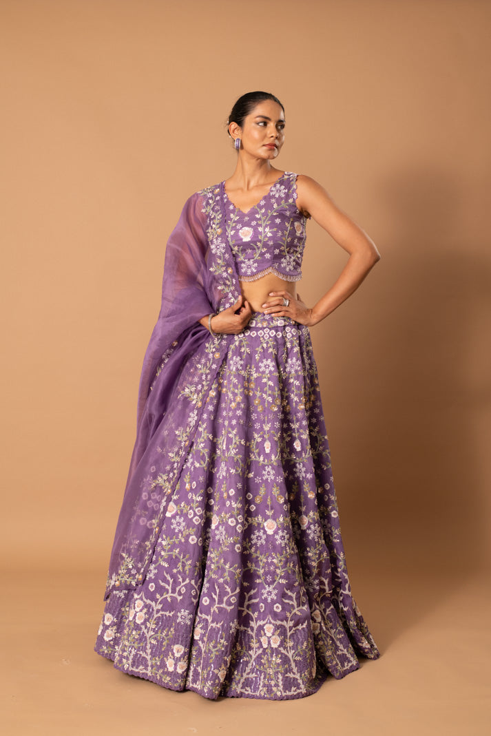 Elysian Lavender Satin Organza Bridal Lehenga with Cutdana, Sequins & Thread Work