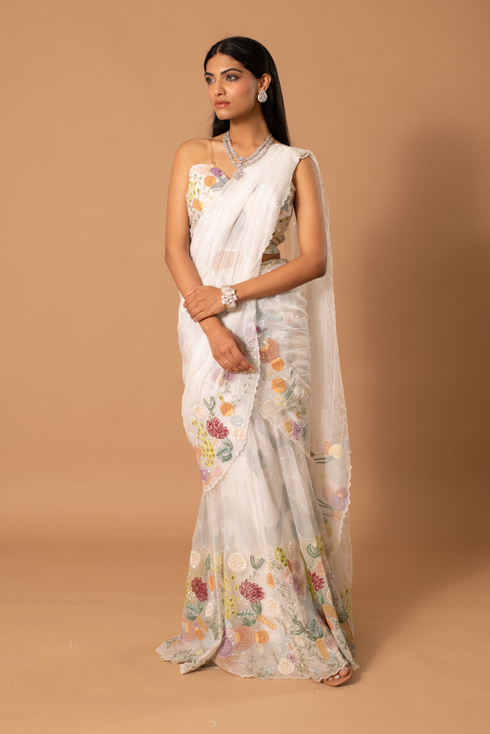 Floret Ivory Pre-Draped Organza Saree with Handpaint, Cutdana & Sequin Detailing