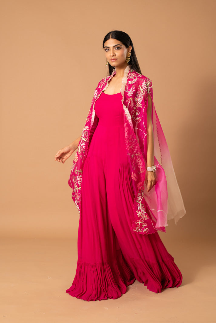 Fuchsia Flair Fuschia Pink Georgette Jumpsuit with Handpainted Ombre Organza Cape