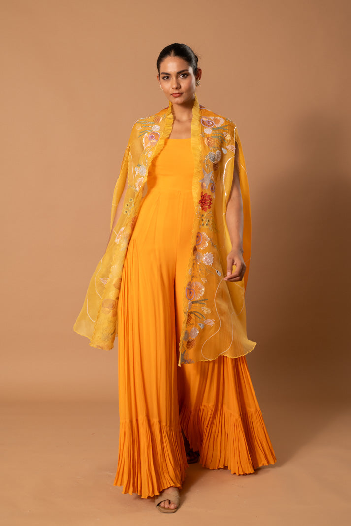 Citrine Soirée Mustard Yellow Georgette Jumpsuit with Handpainted Organza Cape