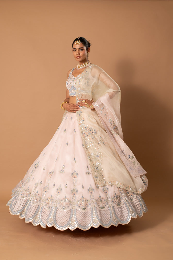 Gilded Gala Muted Pink Satin Organza Lehenga with Gota & Thread Embroidery