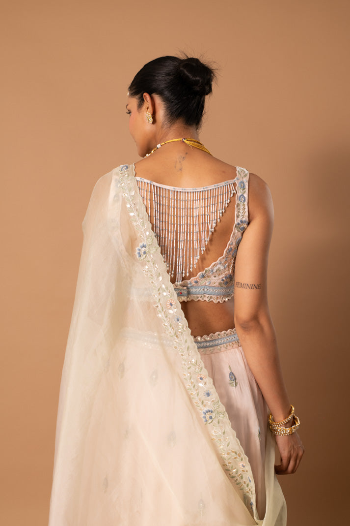 Gilded Gala Muted Pink Satin Organza Lehenga with Gota & Thread Embroidery