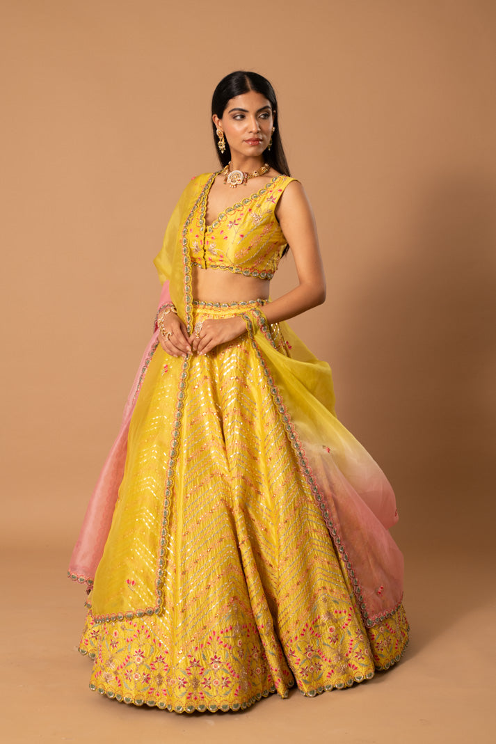 Curcumin Yellow Kora Silk Lehenga with Gota & Thread Embroidery