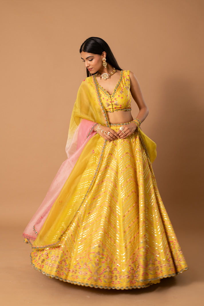 Curcumin Yellow Kora Silk Lehenga with Gota & Thread Embroidery