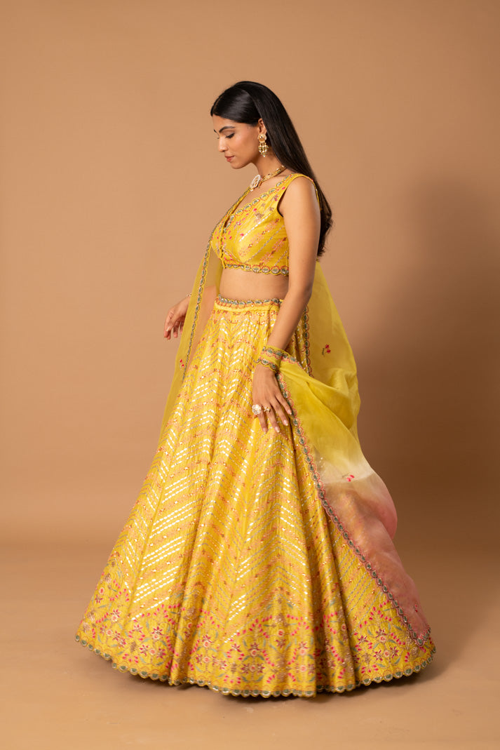 Curcumin Yellow Kora Silk Lehenga with Gota & Thread Embroidery