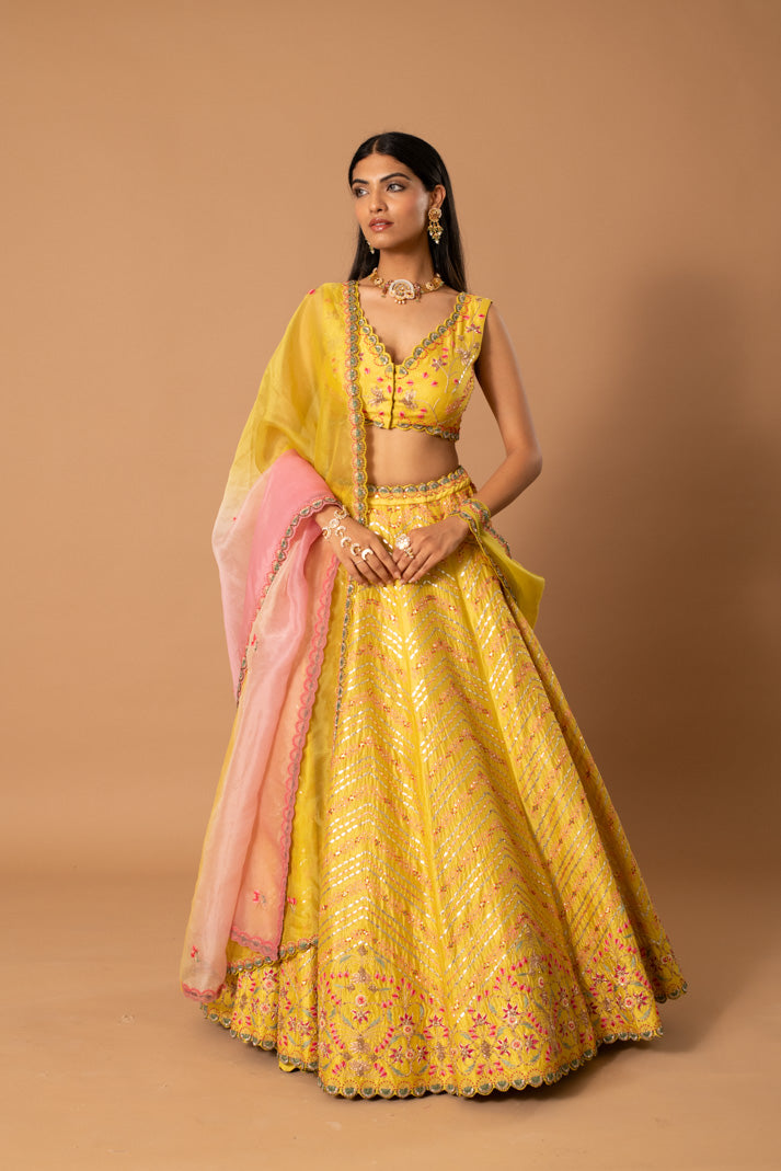 Curcumin Yellow Kora Silk Lehenga with Gota & Thread Embroidery