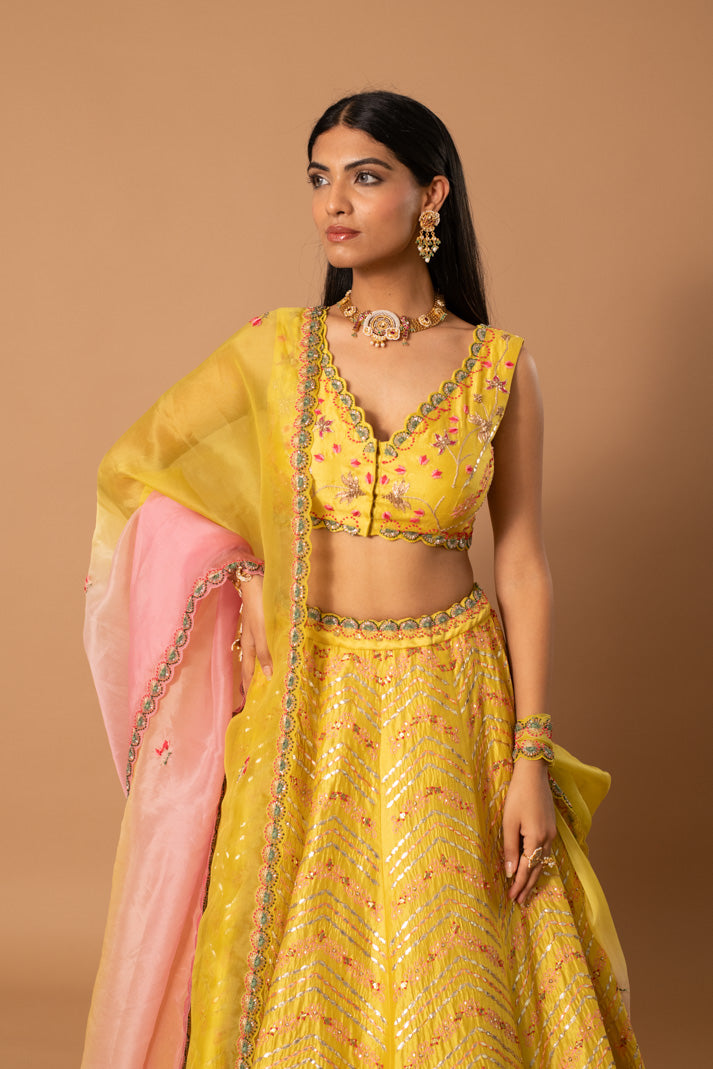 Curcumin Yellow Kora Silk Lehenga with Gota & Thread Embroidery