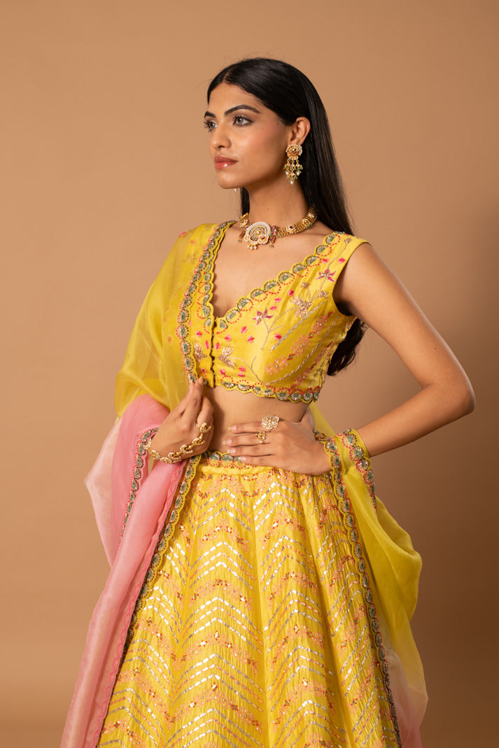 Curcumin Yellow Kora Silk Lehenga with Gota & Thread Embroidery