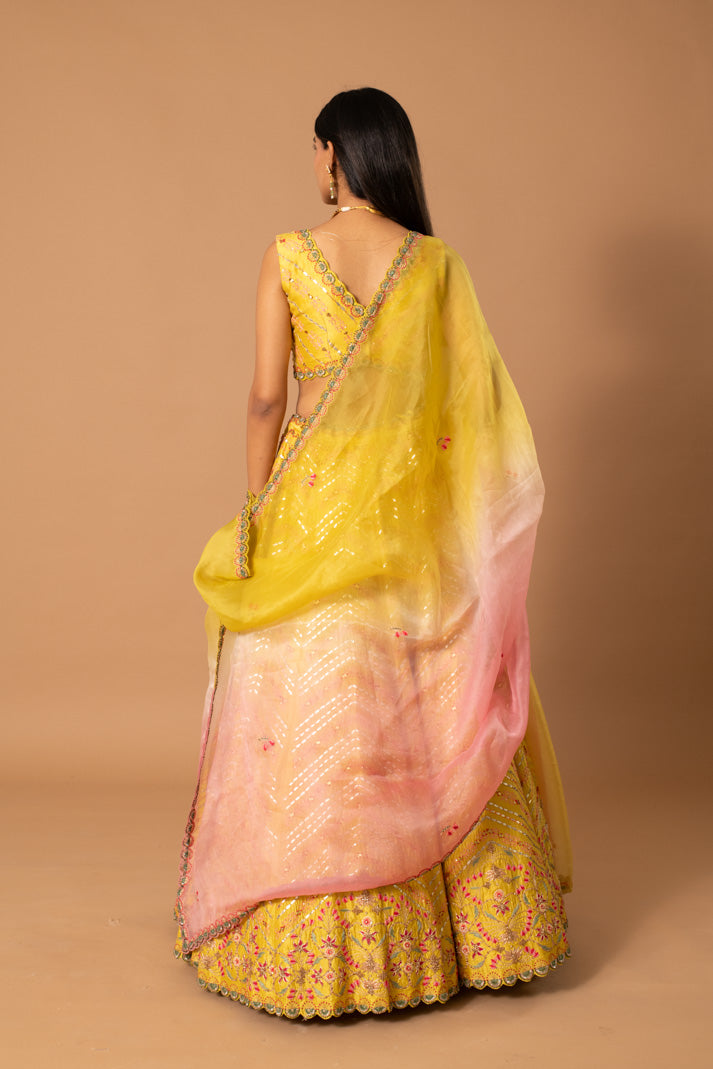 Curcumin Yellow Kora Silk Lehenga with Gota & Thread Embroidery