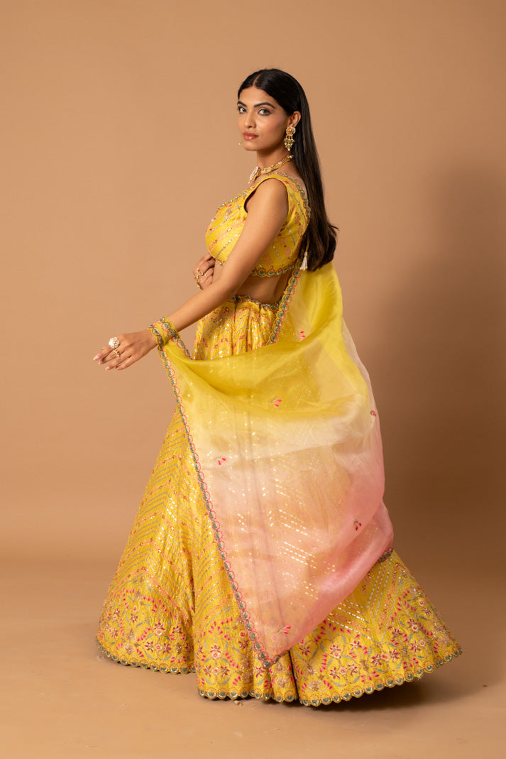 Curcumin Yellow Kora Silk Lehenga with Gota & Thread Embroidery