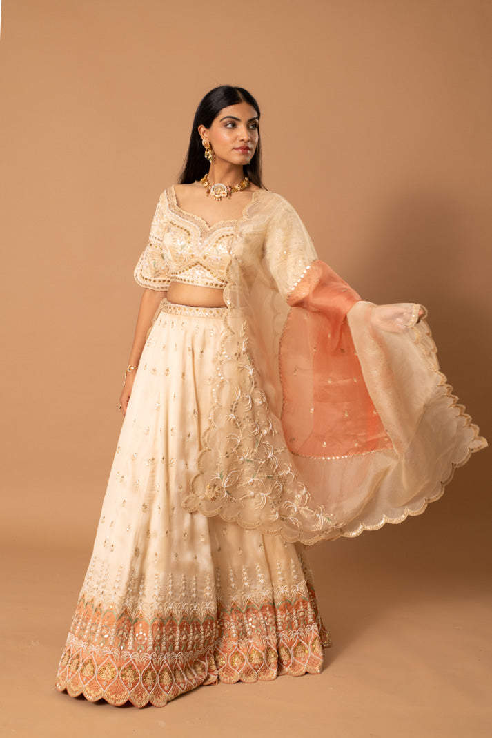 Mirage Cream & Peach Satin Organza Lehenga with Gota & Thread Embroidery