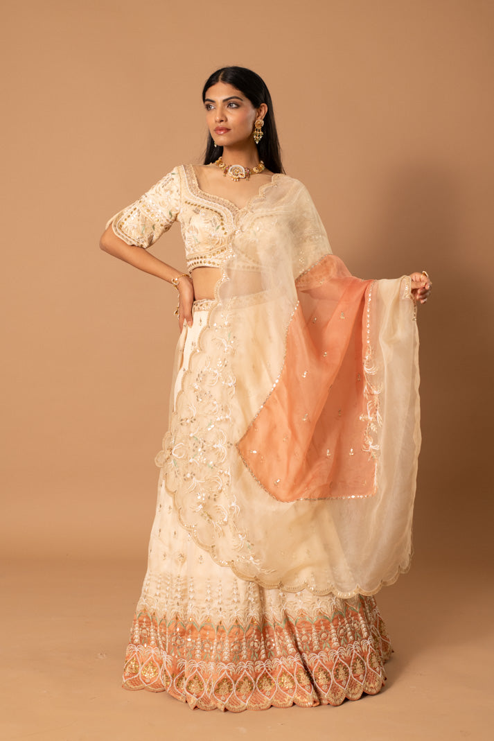 Mirage Cream & Peach Satin Organza Lehenga with Gota & Thread Embroidery