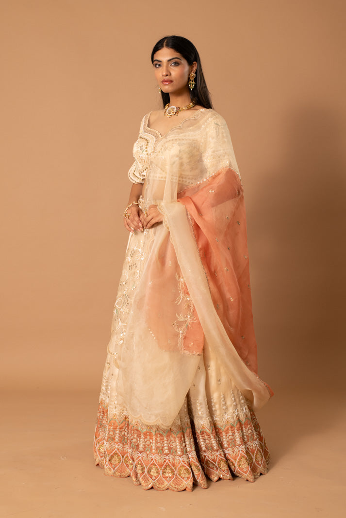 Mirage Cream & Peach Satin Organza Lehenga with Gota & Thread Embroidery
