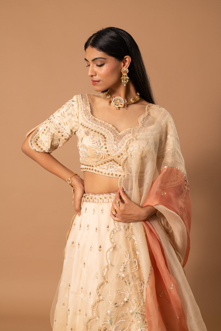 Mirage Cream & Peach Satin Organza Lehenga with Gota & Thread Embroidery