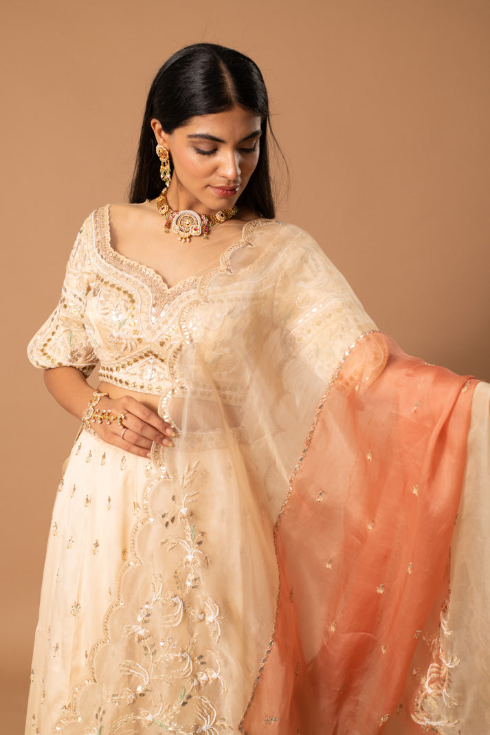 Mirage Cream & Peach Satin Organza Lehenga with Gota & Thread Embroidery