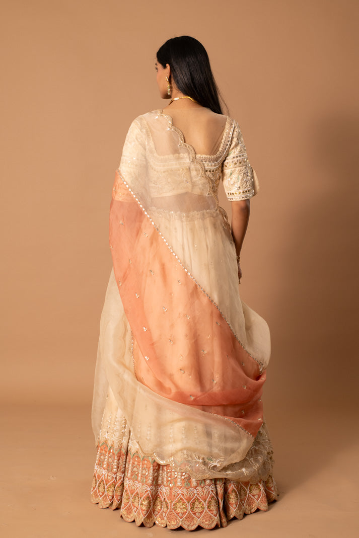 Mirage Cream & Peach Satin Organza Lehenga with Gota & Thread Embroidery