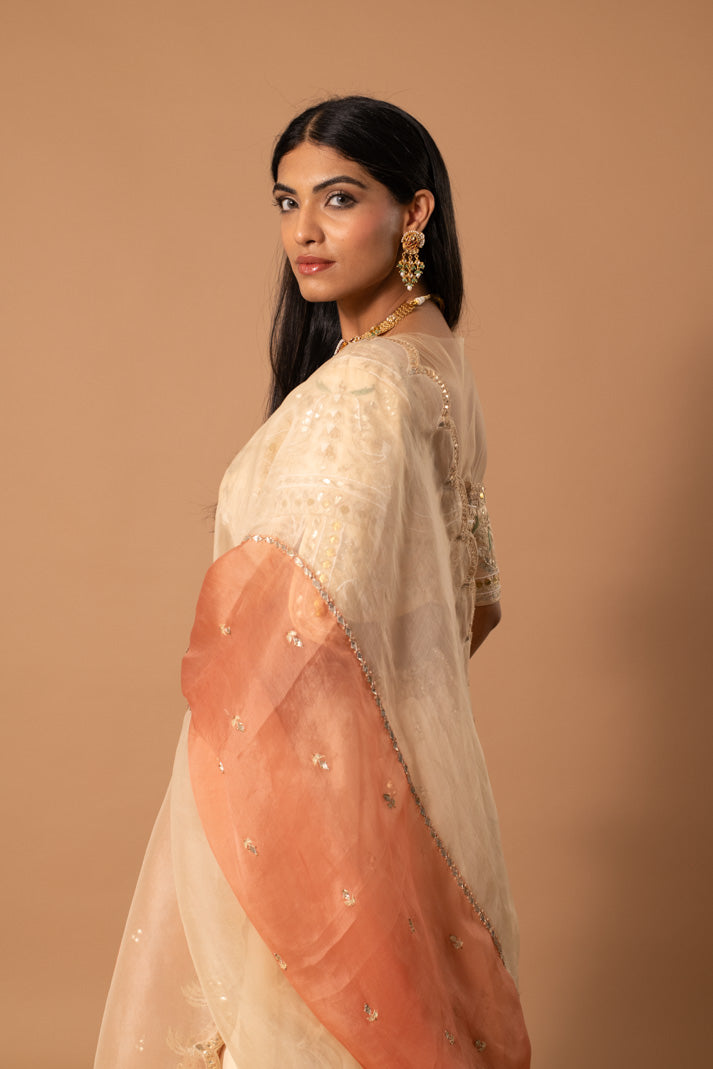 Mirage Cream & Peach Satin Organza Lehenga with Gota & Thread Embroidery