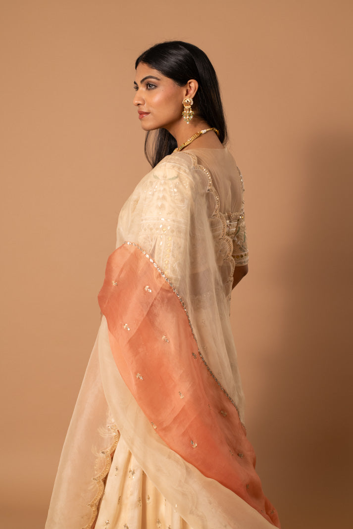 Mirage Cream & Peach Satin Organza Lehenga with Gota & Thread Embroidery