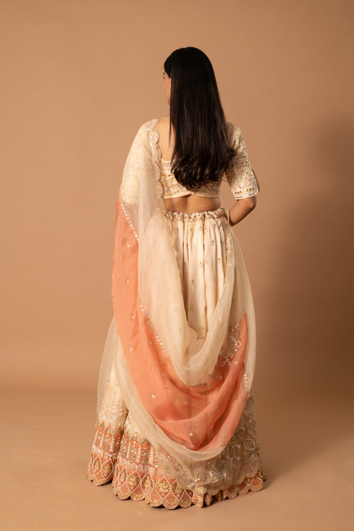 Mirage Cream & Peach Satin Organza Lehenga with Gota & Thread Embroidery