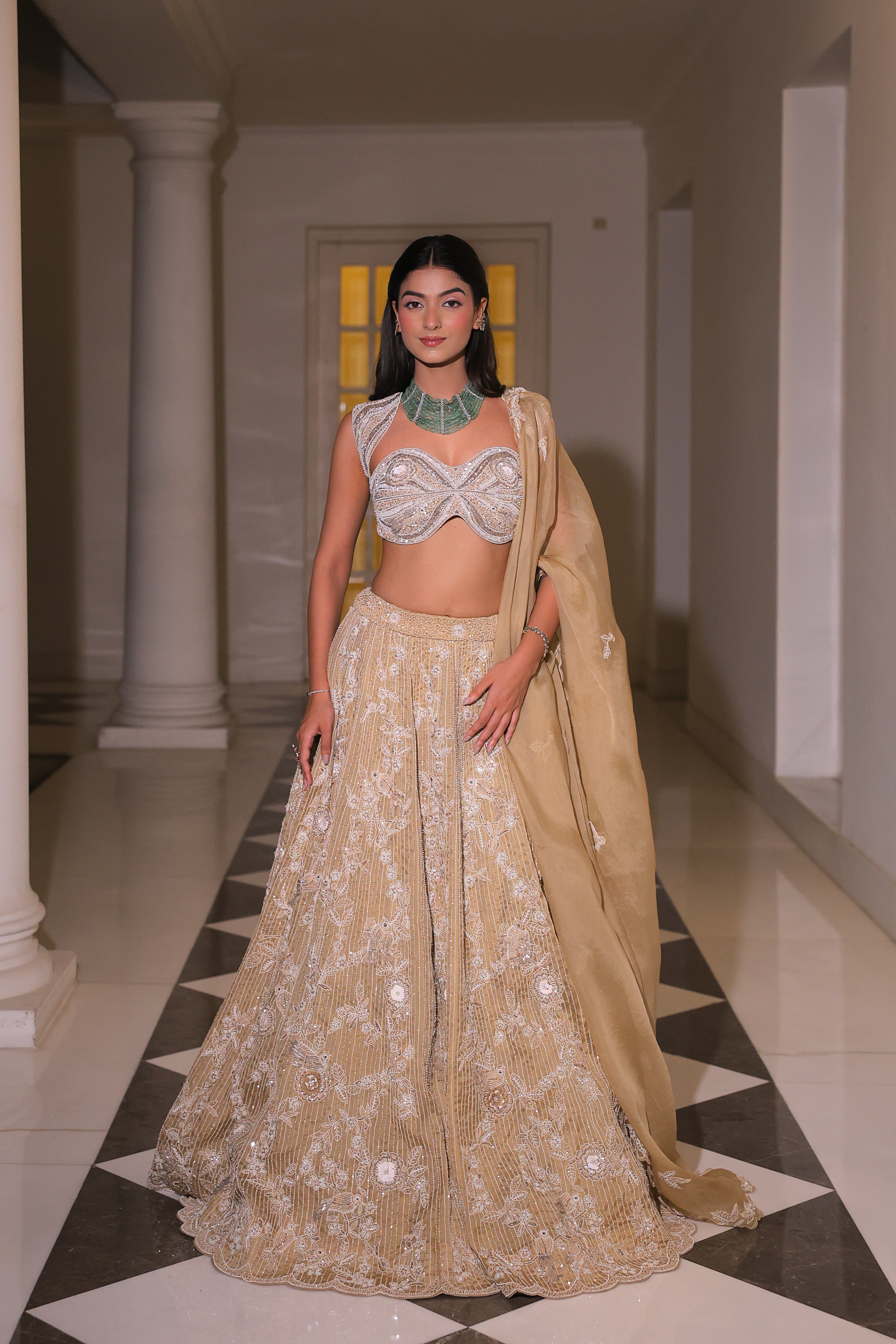 Champagne gold hand-embroidered lehenga set with organza dupatta — House of Armuse