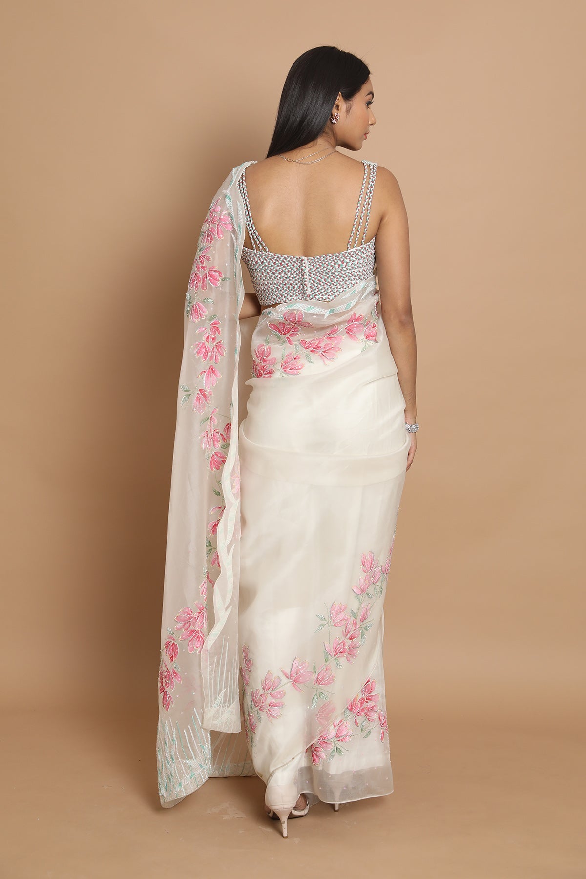 Organza Saree With Pink Floral Motifs
