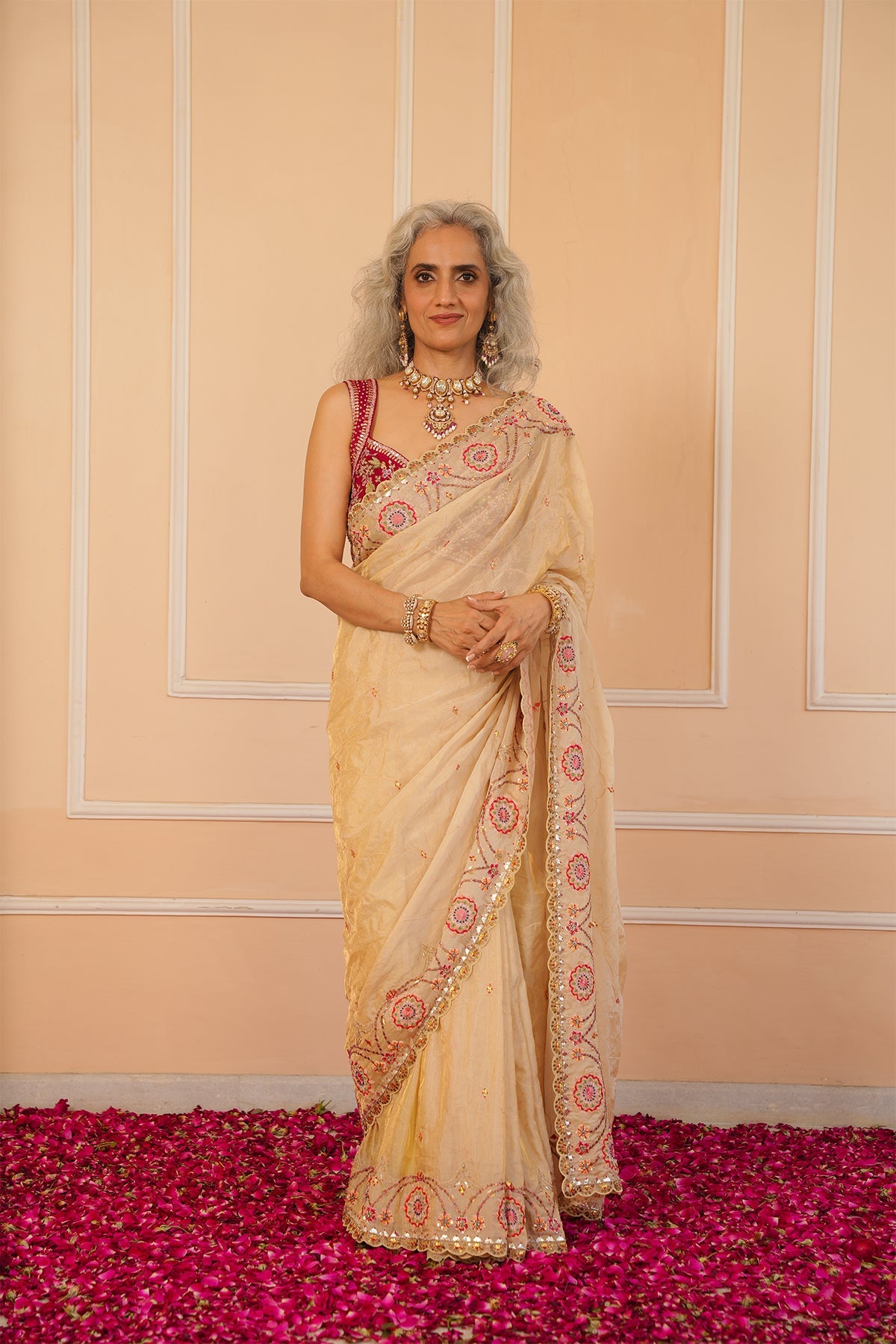 Light Pink Crushed Tissue Designer Saree with Zardosi Work and Readymade Blouse