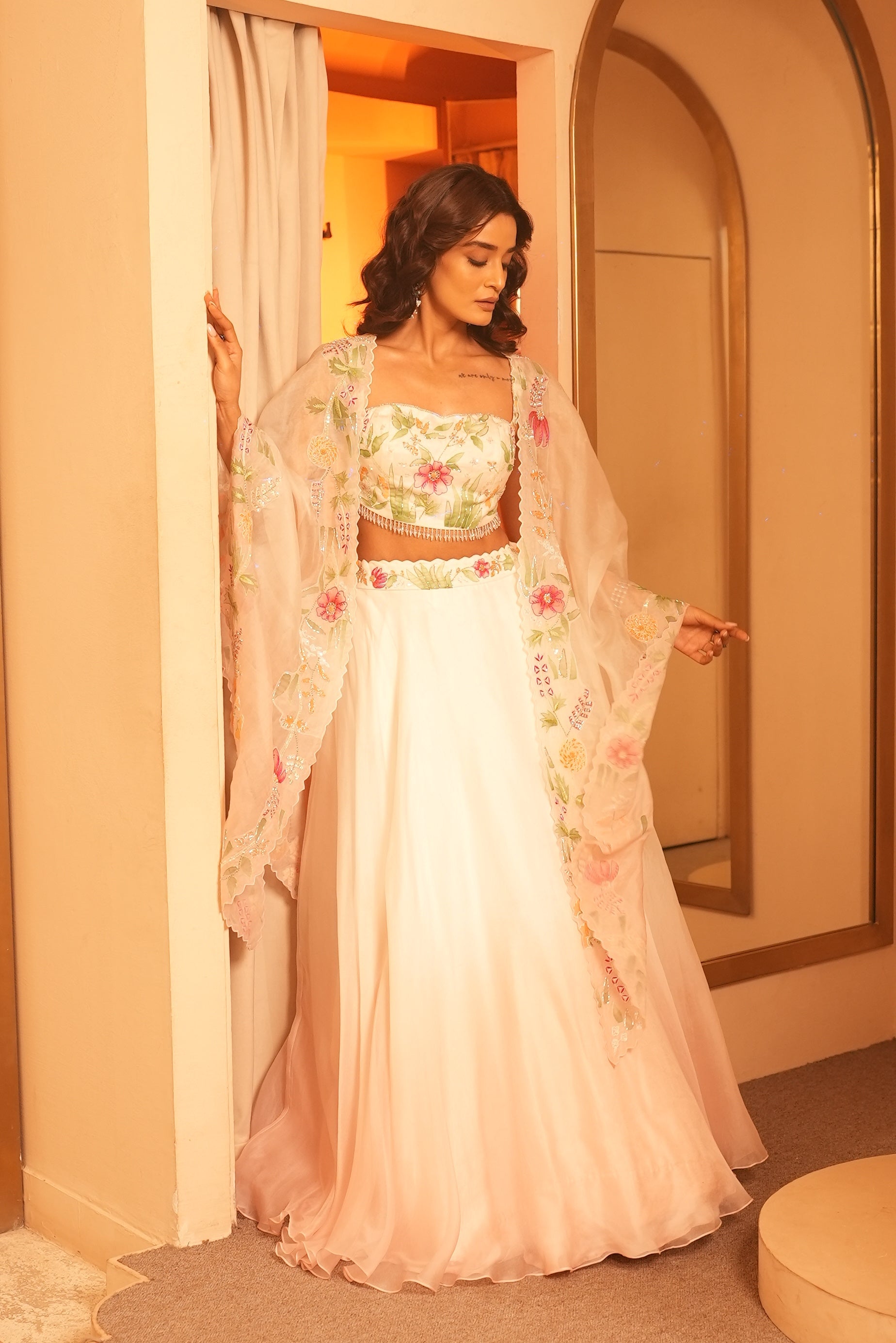 Jasmine Ivory Cape Set Hand-Painted With Intricate Floral Designs