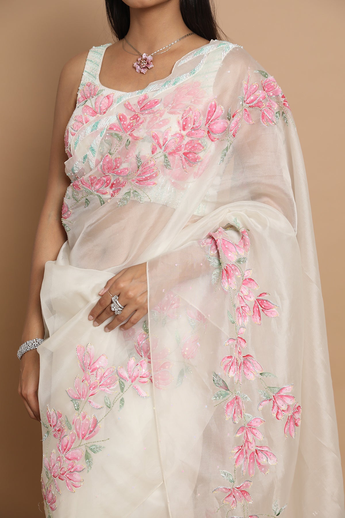 Organza Saree With Pink Floral Motifs