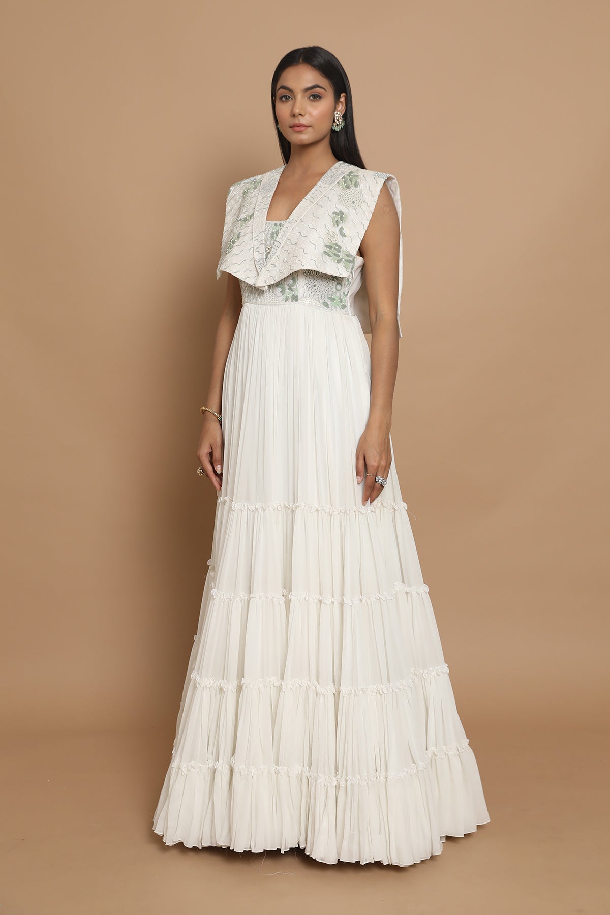Frill Edged A Line Gown With Drape