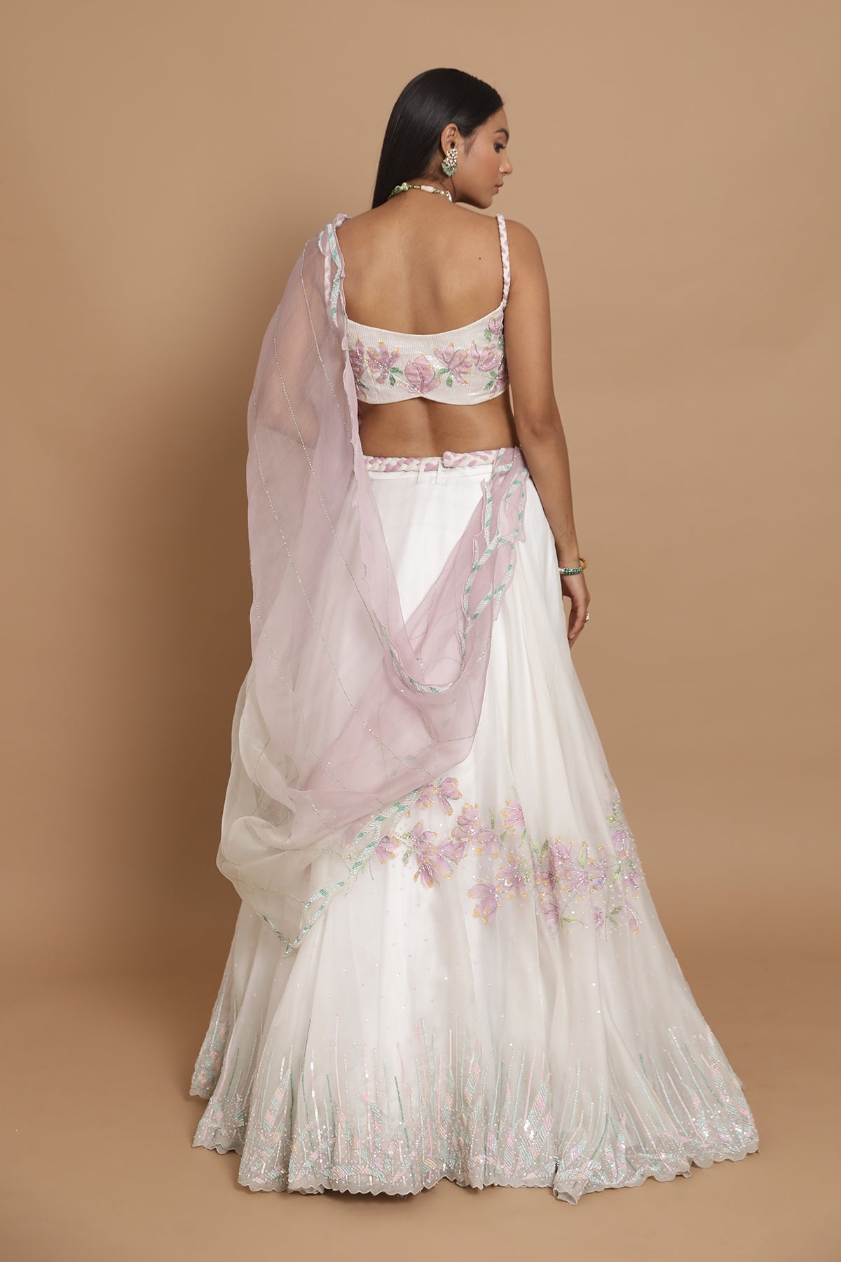 Ivory Handpainted Lehenga & Blouse With Pearl Latkans