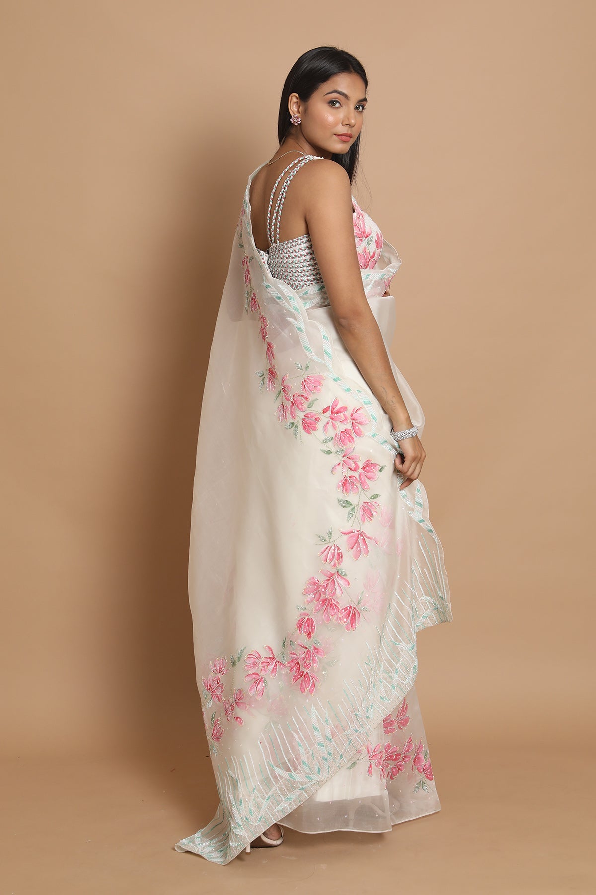 Organza Saree With Pink Floral Motifs