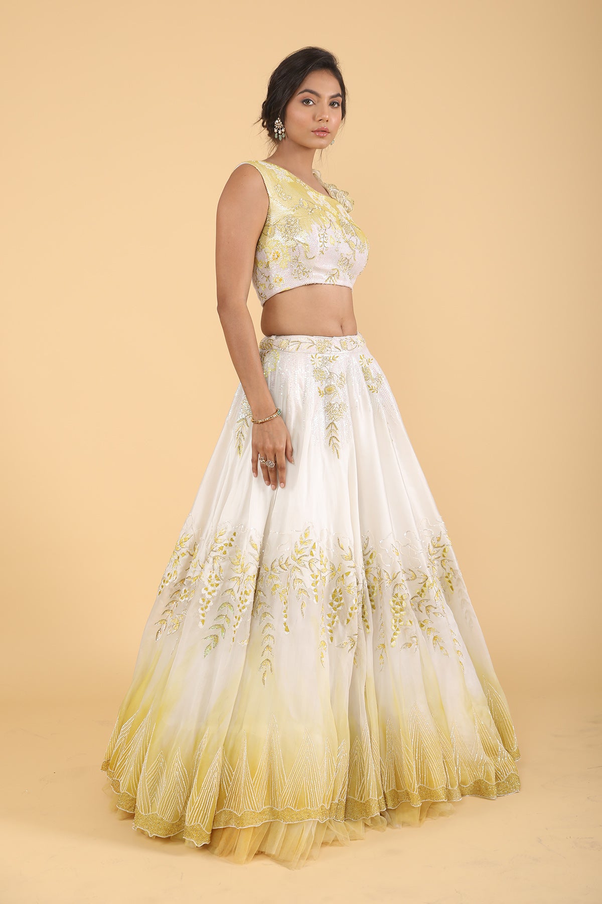 Ivory-Lemon Tone Organza Lehenga