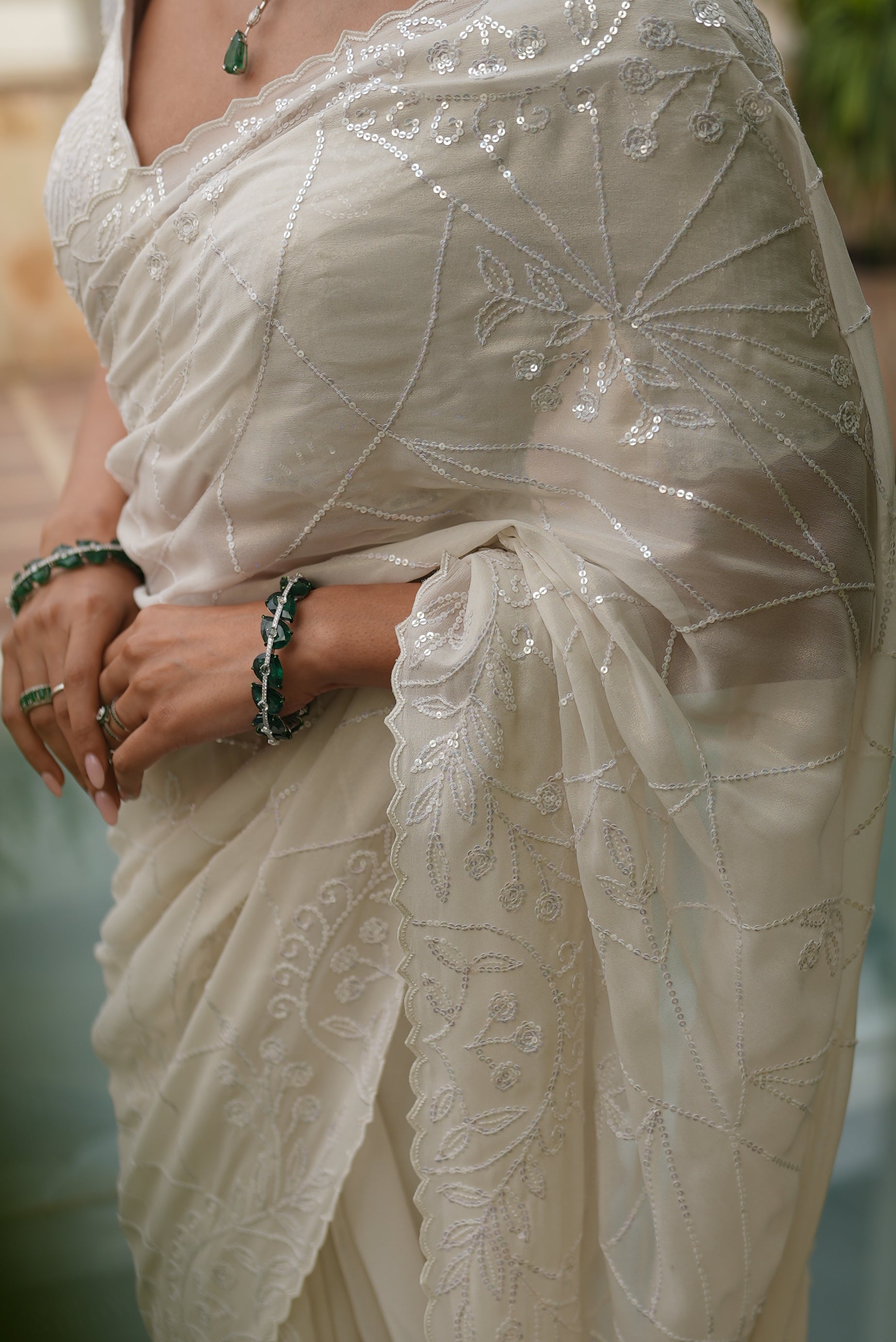 Dove Ivory Foil Georgette Sequin Saree