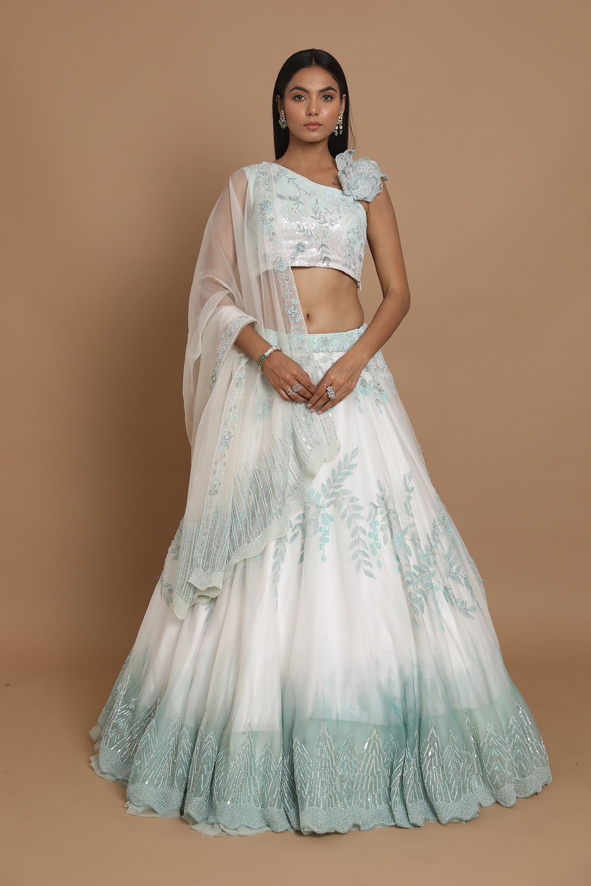Assymetrical Blouse With Dual Tone Lehenga