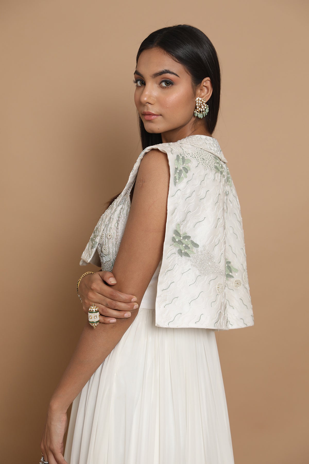 Frill Edged A Line Gown With Drape