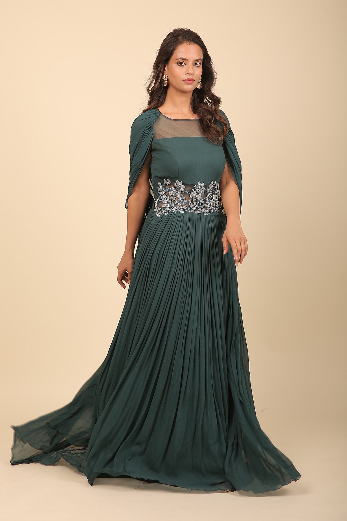 green emerald velvet dress Beautiful chiffon hand made dress in dark bottle green color Model#C 831