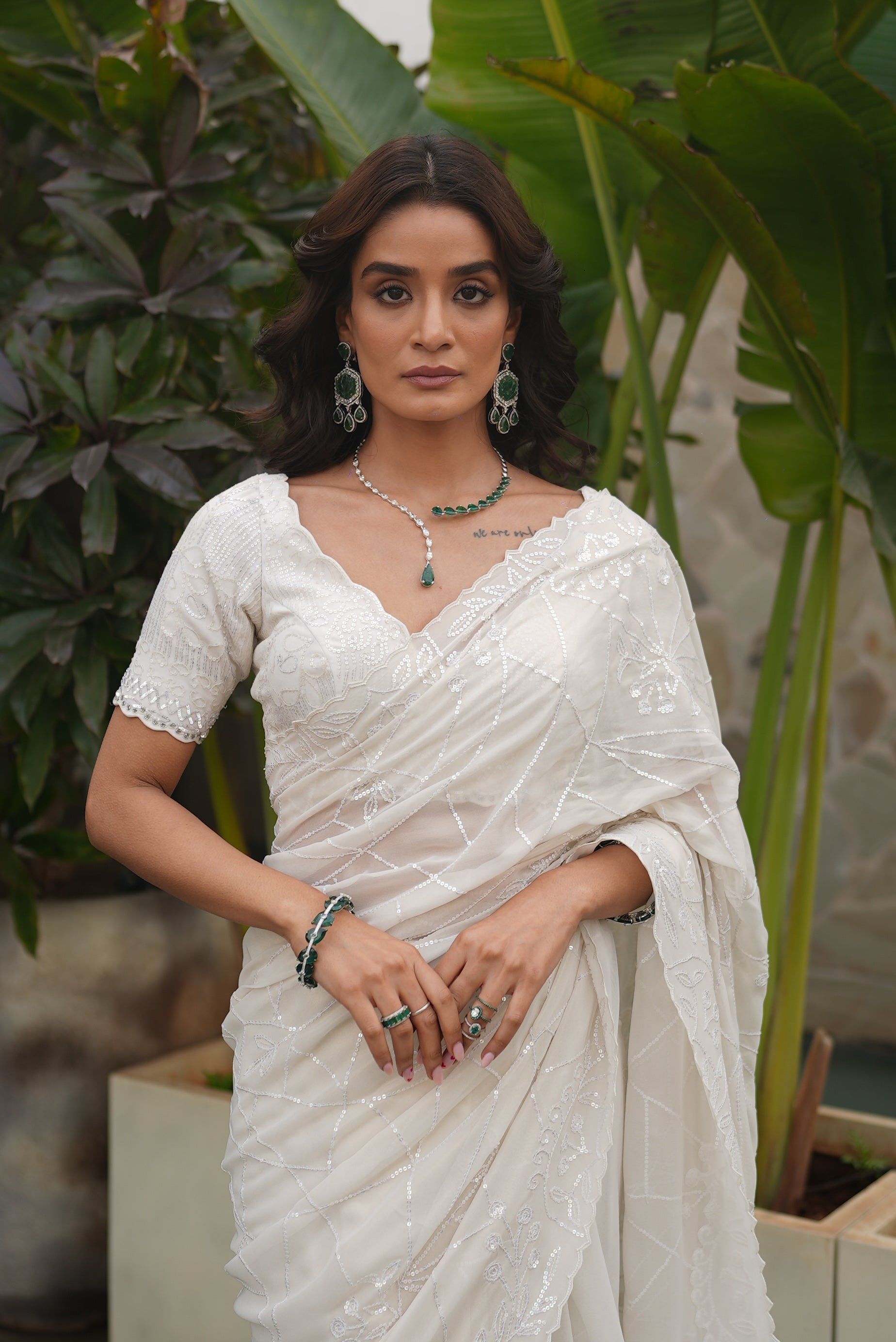 Dove Ivory Foil Georgette Sequin Saree