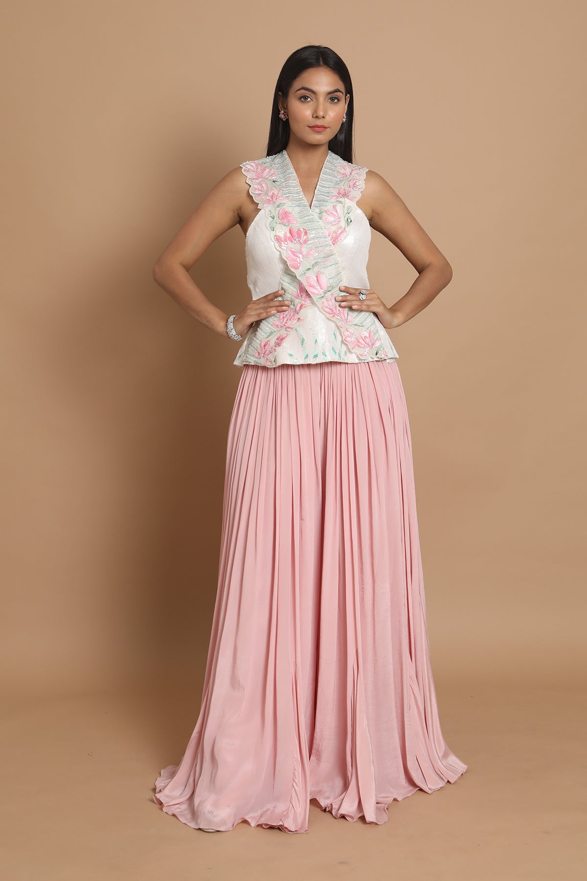 Cross Pattern Handpainted Peplum-Sharara Set