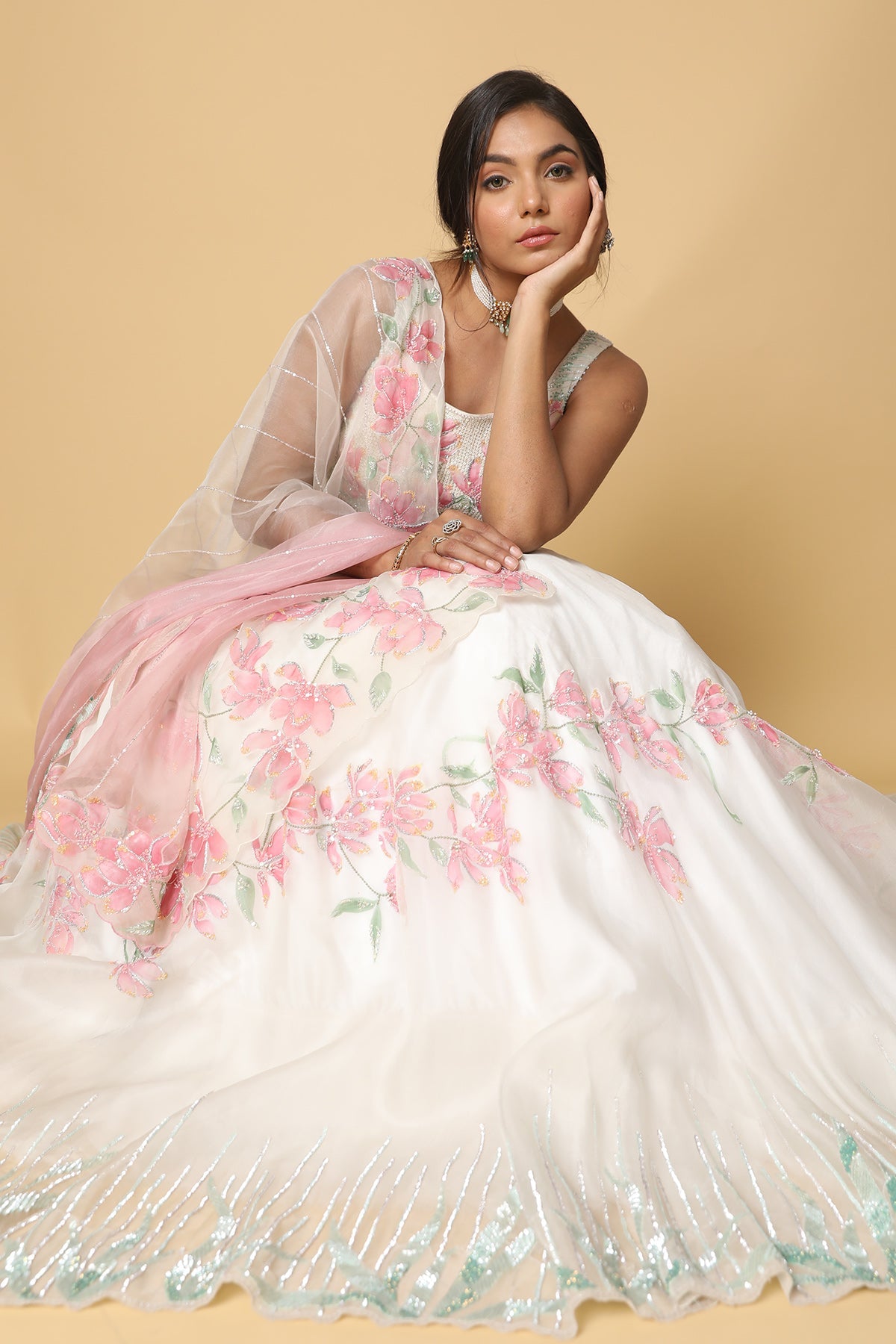 Ivory Handpainted Lehenga & Blouse With Pearl Latkans