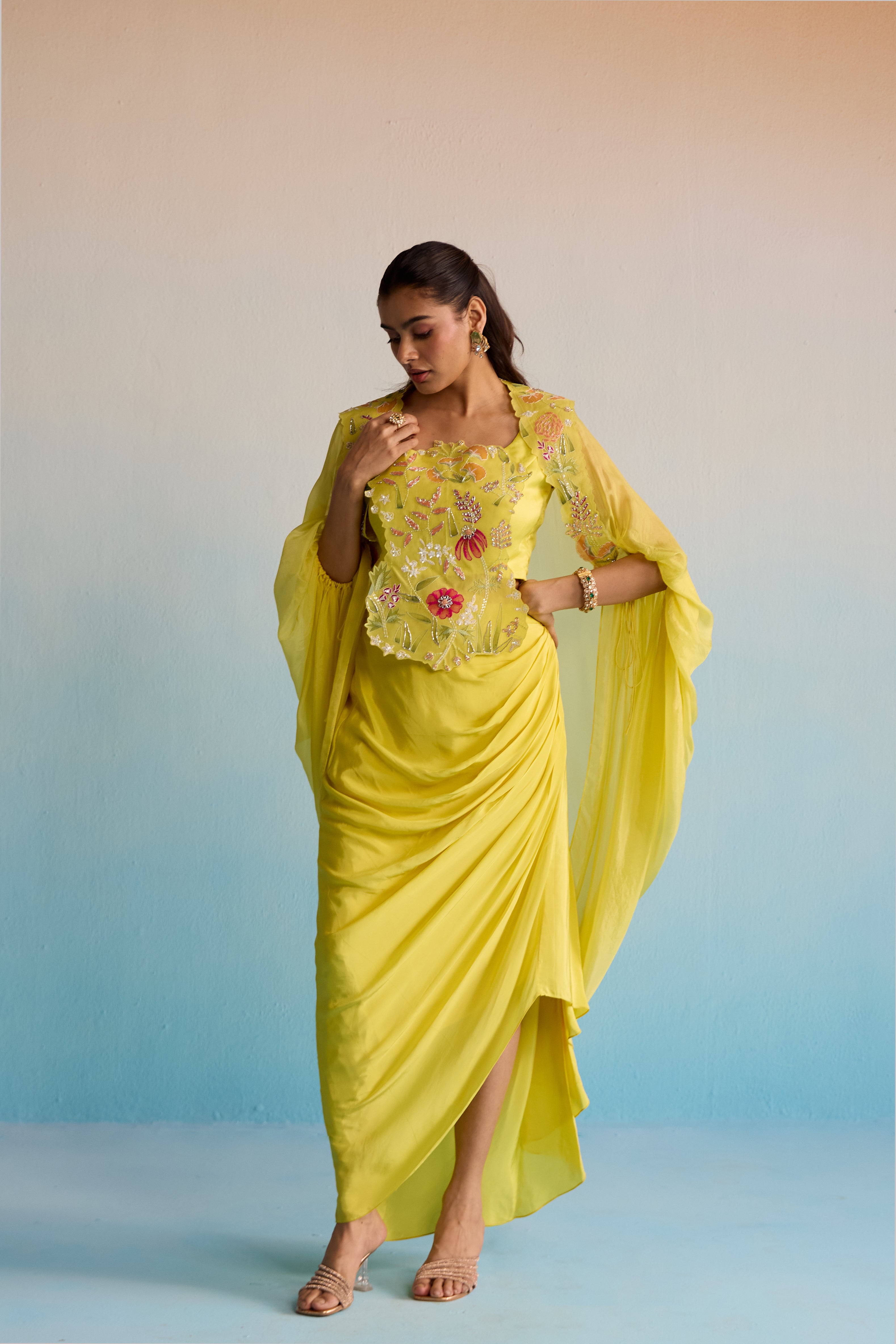 Buttercup Breeze Yellow Hand-Painted Malai Silk Cape & Skirt Set