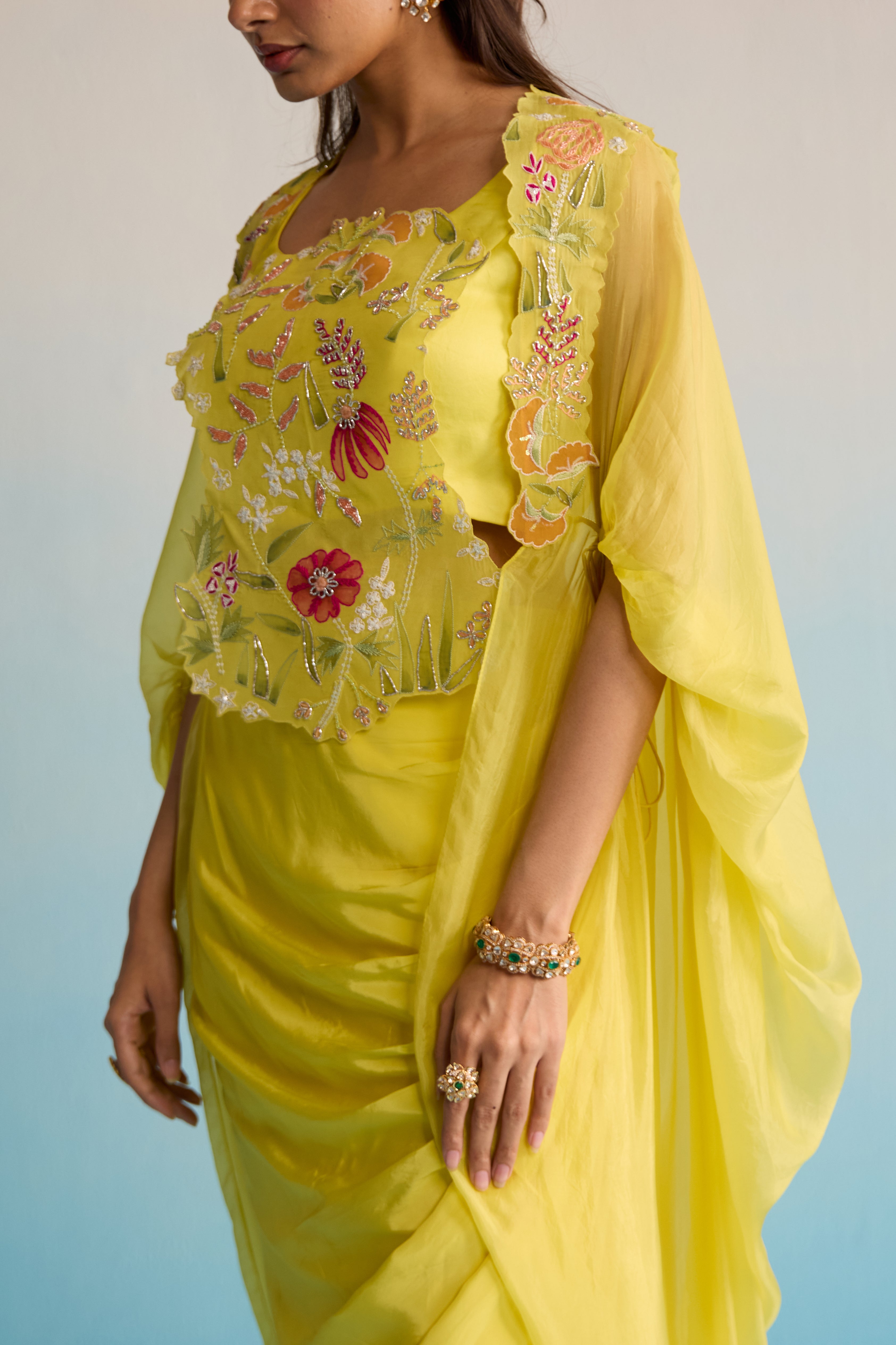 Buttercup Breeze Yellow Hand-Painted Malai Silk Cape & Skirt Set