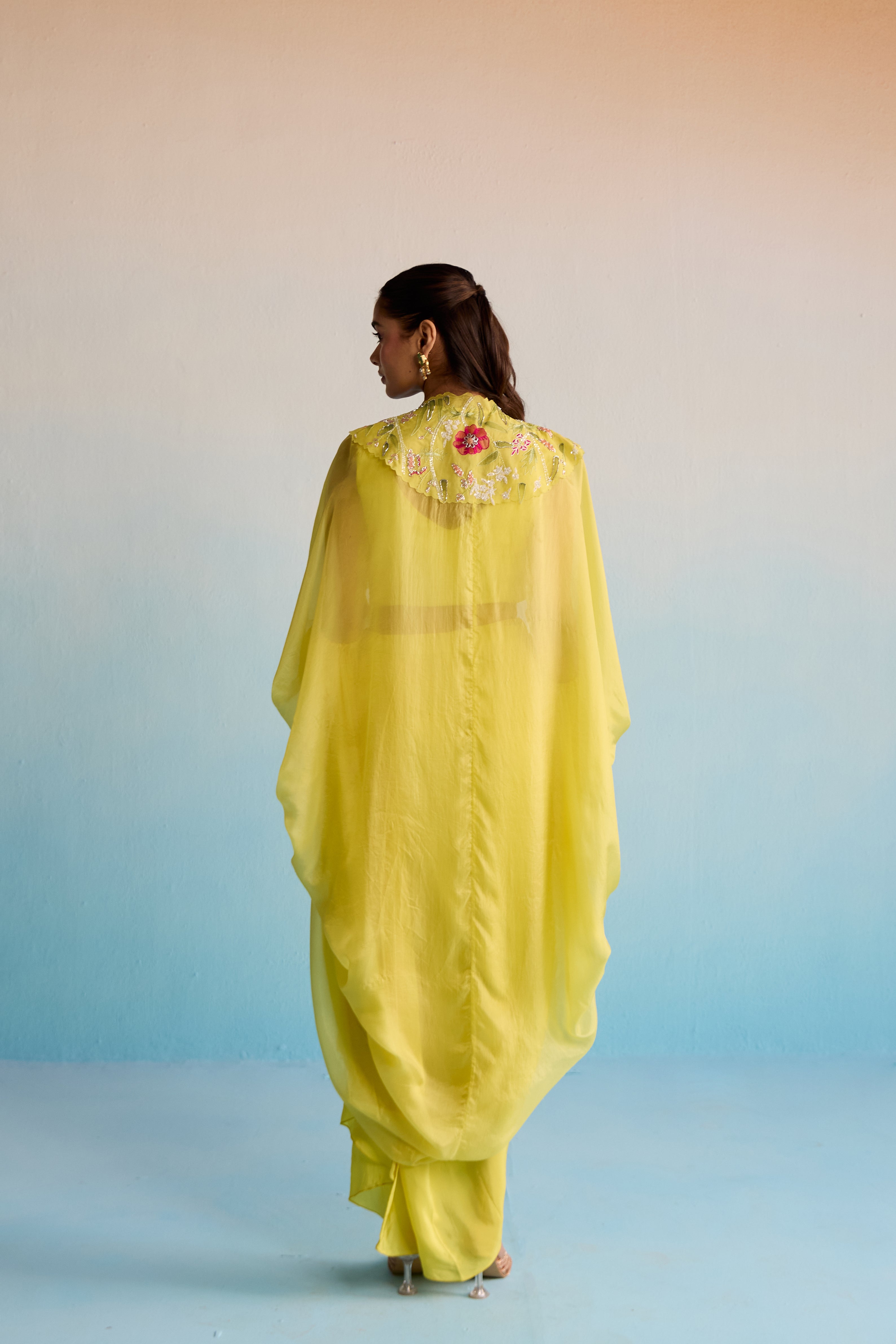 Buttercup Breeze Yellow Hand-Painted Malai Silk Cape & Skirt Set