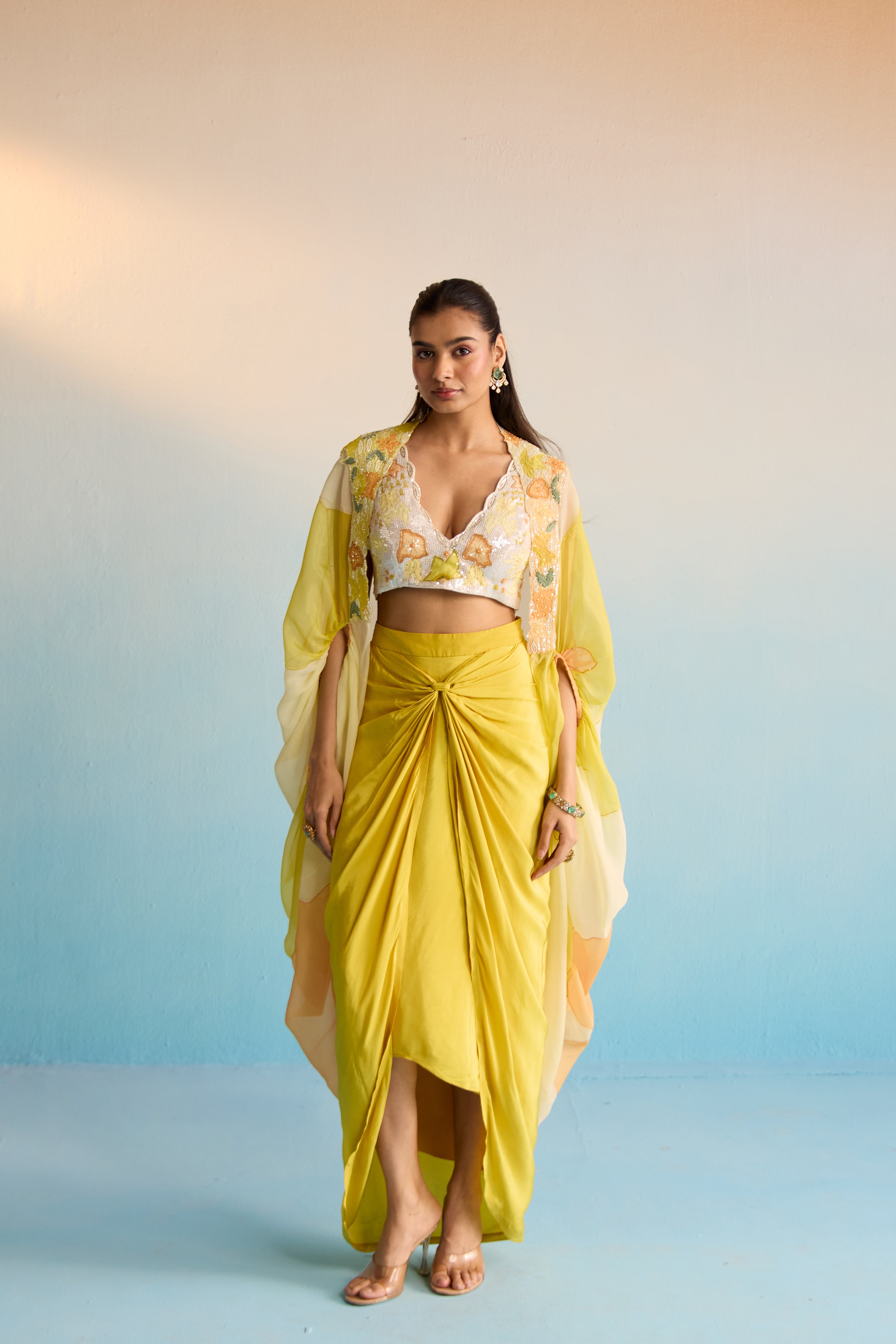 Abeni Yellow Hand-Painted Organza Cape & Skirt Set
